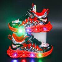 รองเท้าหนังสำหรับเด็กผู้ชาย,รองเท้ากีฬาสำหรับเด็กไฟ Led ฤดูใบไม้ร่วงสีแดงน้ำเงินรองเท้าสนีกเกอร์ไซส์22-37