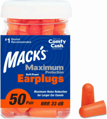 Macks Mack’s Maximum Protection Soft Foam Earplugs – 50 Pair, 33 dB Highest NRR – Comfortable Ear Plugs for Sleeping, Snoring, Loud Concerts, Motorcycles and Power Tools 50 Pair (Pack of 1)