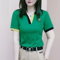 Kaus Polo Garis ฤดูร้อนสำหรับแฟชั่นสำหรับผู้หญิงแขนสั้นเสื้อโปโลลำลองปก