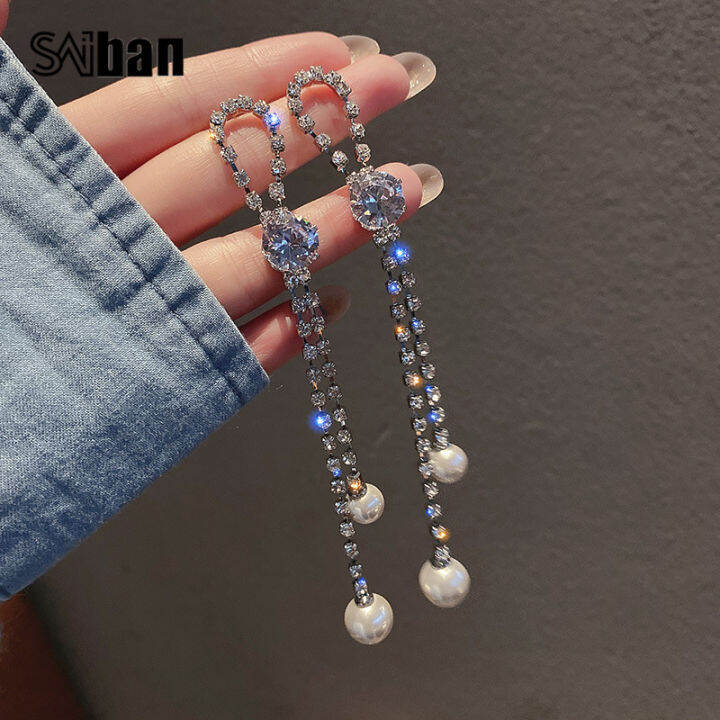 saiban-925-เงินเข็มเกาหลียาวเต็มเพชรมุกพู่ต่างหูแฟชั่นบุคลิกภาพย้อนยุคง่ายearrings925-silver-needle-korean-long-full-diamond-pearl-tassel-earrings-fashion-personality-retro-simple-earrings