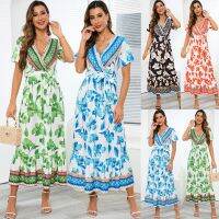 Bohemian Sexy V Beach Maxi Dresses Women Short Sleeve Fl Print Wrap Dress Streetwear Elegant Sundress Vestidos 2023 платье