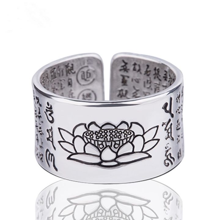 Silver-Color Lotus Rings Good Luck Buddha Adjustable Size Trendy Popular Solid Thai Silver Plated Ring for Women Men Jewelry
