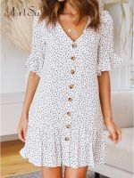 ℡ ArtSu 2020 Spring Women Beach Dress Casual V-Neck Half Sleeve Polka Dot Print Sundress Boho Elegant Loose White Summer Vestidos