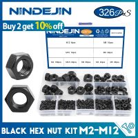 NINDEJIN 326pcs Metric Black Hex Nuts Assortment Kit M2-M12 Carbon Steel Hexagon Nut Set for Screws Bolts