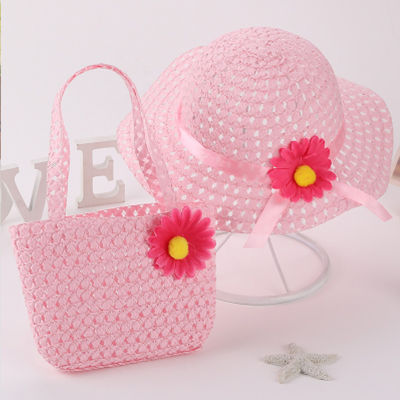 [hot]New Summer Children Beach Hats Set Wide Brim Yellow Straw Wide Hat 3-7 old years Childrens Holiday Travel Pink Beach Bags