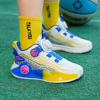 รองเท้าบาสเก็ตบอลชายปุ่ม Rotary ใหม่รองเท้ากีฬารองเท้าเด็กผู้หญิงรองเท้าตาข่ายโปร่งใสแฟชั่นเด็กกันลื่นและทนทานรองเท้ากีฬาโรงเรียน4-16ปีรองเท้าบาสเก็ตบอลของเด็กผู้หญิง