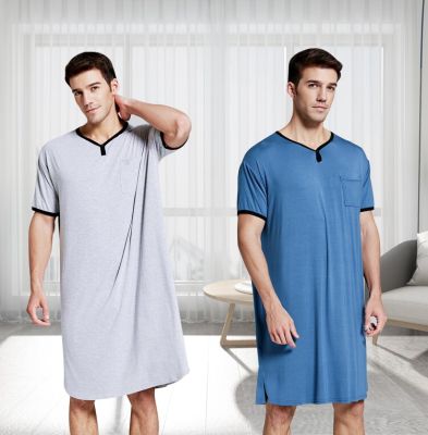 ‘；’ Summer Mens Nightgown Lingerie V-Neck Short-Sleeve Loose Pajamas Cozy Luxury Bathrobes Home Wear Fathers Friend Gift Idea
