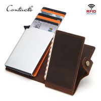 CONTACT 39;S RFID Blocking Crazy Horse Leather Men Wallet Credit Card Holder Aluminium Box for Men Women Automatic Pop Up Card Case