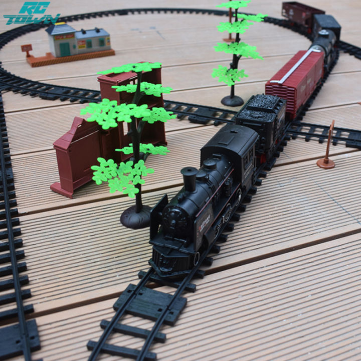 ชุดของเล่นรถไฟไอน้ำย้อนยุครถไฟขบวนเล็กรางรถไฟของเล่นแบบคลาสสิกการจำลอง