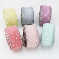 ；‘。、’ (5 Yards/Roll) Silver Stars Silk Organza Rion Bow Material For Hair Print Flower Decoration Handmade DIY Lace Rions