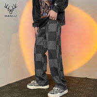 LIHanlu กางเกงยีนส์ผู้ชาย Plaid Jacquard Jeans Men S R Loose Straight Cal Pants