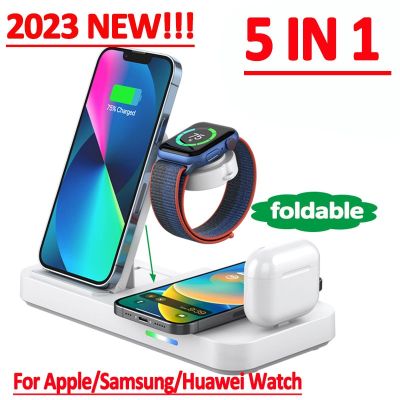 แท่นชาร์จพับได้แบบ4 In 1ไร้สายอย่างเร็ว R แบบตั้งได้สำหรับนาฬิกา Apple Samsung Huawei แอร์พอดขนาด14 13 12 11 Pro Max