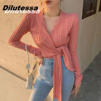 Dilutessa ผู้หญิงเสื้อโพลีเอสเตอร์สายรัดอ่อนโยนข้ามจีบคอวีแขนยาวเสื้อสตรีฤดูใบไม้ร่วงฤดูหนาวเสื้อเสื้อ