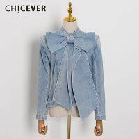 ZZOOI CHICEVER Denim Womens Jackets Stand Collar Long Sleeve Patchwork Bow Vintage Ruched Coats For Female 2022 Spring Clothing