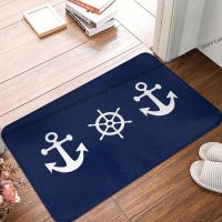 Bathroom Mat Nautical White Navy Blue Anchors And Wheels Doormat Flannel Carpet Balcony Rug Home Decor