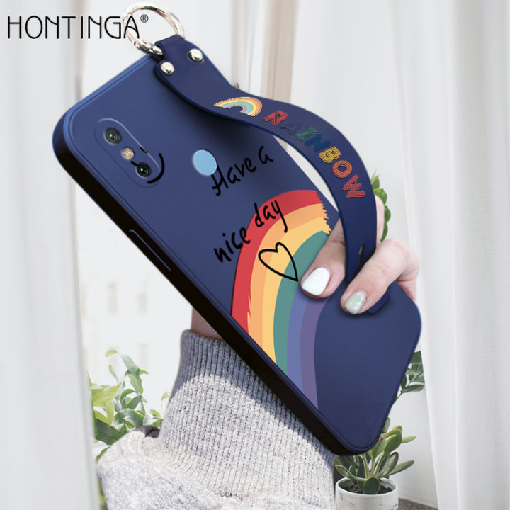 With WristStrap)Hontinga Casing Case For Xiaomi MI A2 6X MI 6 Case Rainbow  Smile Square Original Liquid Soft Silicone Edge Pattern Rubber Case Full  Cover Camera Protection Cases Back Phone Casing Softcase