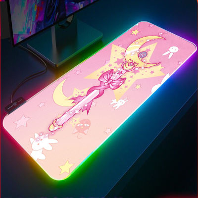2021Anime Pink Magic Wand RGB Gaming Mouse Pad XXL Gaming Accessories LED Backlit Mouse Pad Table Mat Non-slip Keyboard Pad Desks