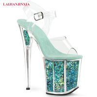 LAIJIANJINXIA New Fashion Sexy Pole Dancing Shoes Summer 20 Cm PVC Women Sandals Thin High Heels Buckle Strap Size 34-46