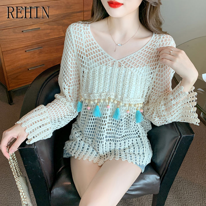 rehin-เสื้อผู้หญิง2023เวอร์ชั่นเกาหลีใหม่ฤดูใบไม้ร่วงแขนยาวคอวีหวานหลวม