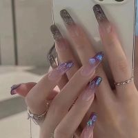 【HANDMADE】 Handmade Aurora Diamond Wearable Nail ins Flashing Phantom Purple Patch Bridal Manicure Removable Environmental protection does not hurt hands No side effects