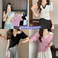 Zero shop?พร้อมส่ง? (Zero-80090) เสื้อไหมพรม คอปกผ้าร่อง แขนสั้น ยืดกำลังดี -C