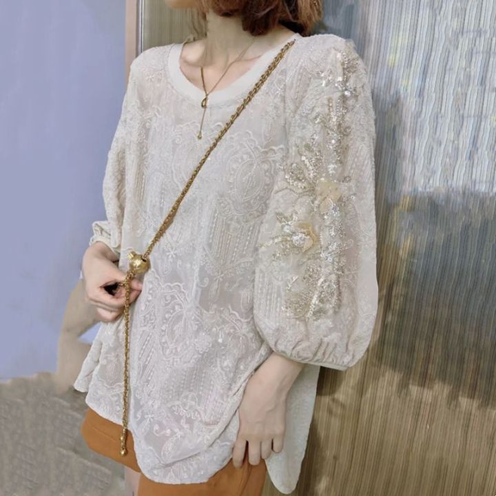 european-goods-design-sense-heavy-industry-beads-shirt-womens-summer-new-western-style-slimming-puff-short-sleeve-lace-chic-top-2023