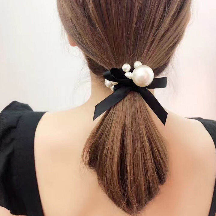Korean hair accessories tie hair pearl ins rubber band black hair ring