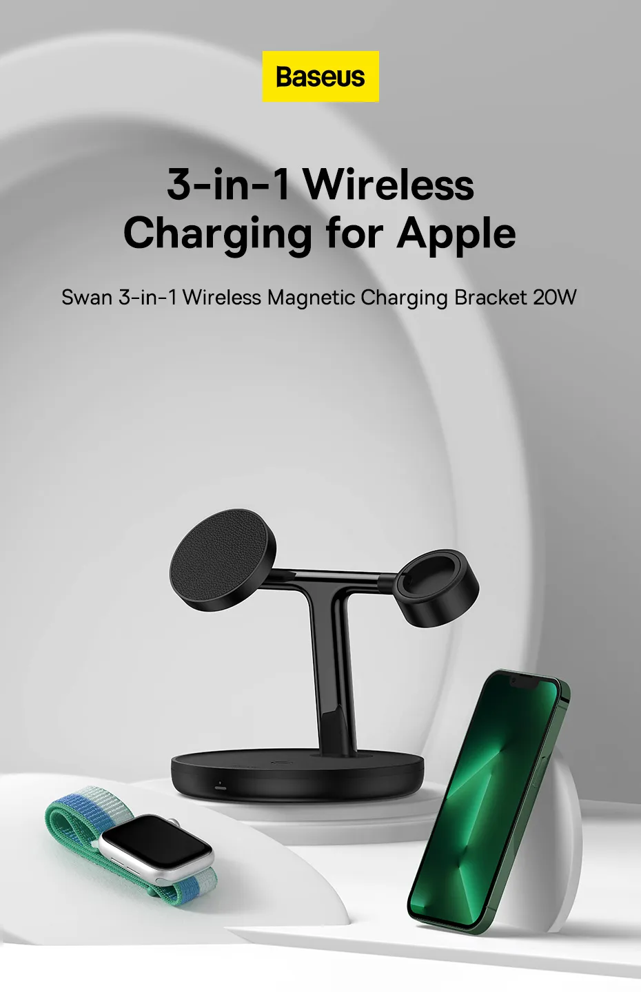 Đế sạc không dây Baseus Swan 3 in 1 Wireless Magnetic Charging Bracket 20W (iPhone + Apple Watch + Airpods) - Thiết kế từ tính