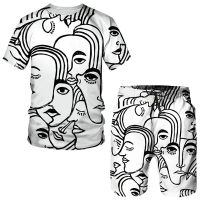 Summer Abstract Face Art Print MenWomen 2 Piece Set Casual Short Sleeve T-shirt+Shorts Tracksuit Outfit Graphic Streetwear Suit