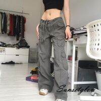 S-GVINTAGE Y2K ผู้หญิง DENIM กระเป๋าเอวต่ำล้างกางเกงตรงหลวมกางเกงลำลอง Streetwear