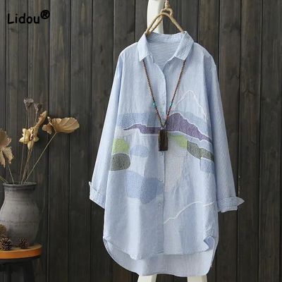 【CW】 for Polo Neck Embroidery Blouse Fashion Pinstripe Loose Breasted Size Shirt