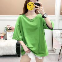 COD SDFGDERGRER 【7Colors/40-150kg/Plus Size】Oversized Women Pure Color Basic Tee V-Neck 3/4 Short Sleeves BIg Loose Tummy Hide T-shirt Summer Solid Color Maternity Slimming Casual Top Chubby Lady Fashion Big Size Medium-Long Length Pajamas