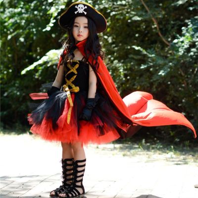 New Fashion Pirates Cosplay Kids Girls Tutu Dresses With Hat Cape Pirates Dressed Up Black Toddler Girls Cosplay Clothes