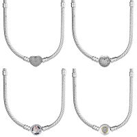 Pave Love Heart Two-Tone Signature Pink Poetic Blooms Clasp Snake Chain 925 Silver Necklace For Fashion Bead Charm DIY Jewelry