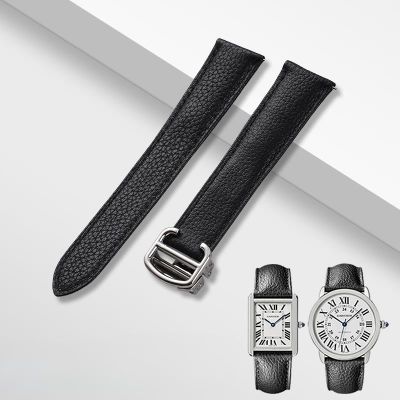 ♤❏♕ Cowhide คุณภาพสูงอุปกรณ์เสริมสำหรับ Cartier Tank Must London Solo หัวเข็มขัดสแตนเลสที่เป็นของแข็ง 16 17 20 22 23 มม. สายนาฬิกา