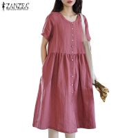 ◐۞❦ ZAZNEA Womens Casual Round Neck Short sleeves Patchwork Loose With Pockets Vintage Dresses