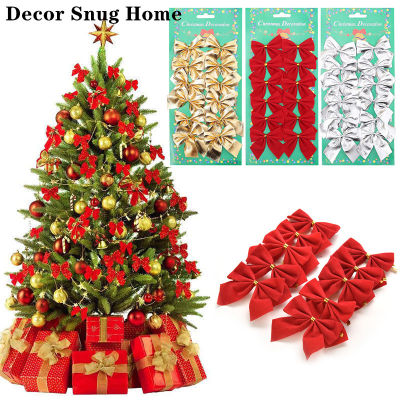 【Free Shipping】12Pcs Christmas Bows แขวนตกแต่งทองเงินสีแดง Bowknot เครื่องประดับต้นคริสต์มาสปีใหม่ Navidad Kerst Decor