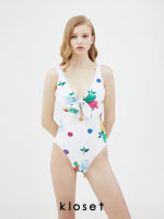 Kloset THE ROYAL LOTUS PRINT SWIMSUIT WITH RIBBON (SS22-SW001)  ชุดว่ายน้ำ วันพีช ชุดว่ายน้ำผู้หญิง ชุดว่ายน้ำแฟชั่น ชุดว่ายน้ำkloset