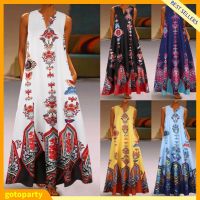 COD DSFGRDGHHHHH GOTO Plus Size Bohemian Summer Beach Women Sleeveless V Neck Loose Kaftan Maxi Dress