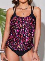 ชุด Tankini ลายเสือดาวสีสันสดใสสำหรับสตรีชุดว่ายน้ำกางเกงว่ายน้ำมีระบายชุดว่ายน้ำชายหาด Xiaoyou