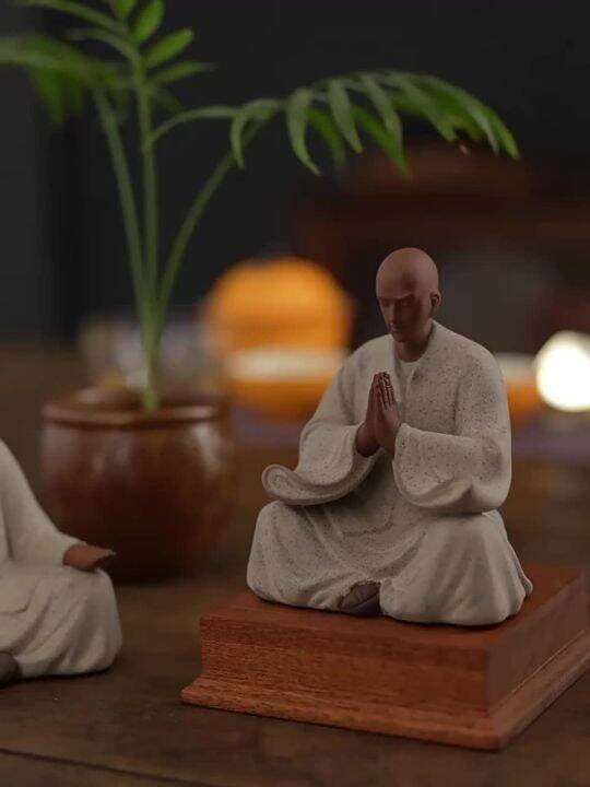 Purple Sand Praying Buddhist Monk Zen Statue Meditation Ceramic