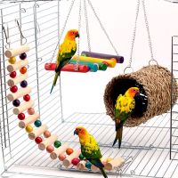 3 Pc Birds Pets Bird Supplies Hanging Colorful Balls Climbing Toy Swing Parrots Ladders With Natural Wood Bird Bells Toys