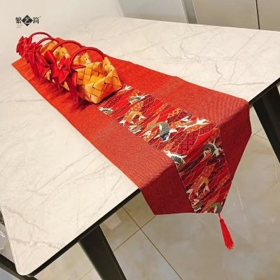 Diche โต๊ะพิธีชงชางานแต่งงานจีนธงโต๊ะสีแดงแบบคลาสสิกฝ้ายลินินลมสนุกสนานสำหรับปีใหม่