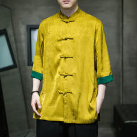 เสื้อเชิ้ตลำลองผู้ชาย Tang Suit Button Up Solid Color Dress Shirt Short Sleeve Summer Thin Section Ice Silk Youth Zhongshan Suit