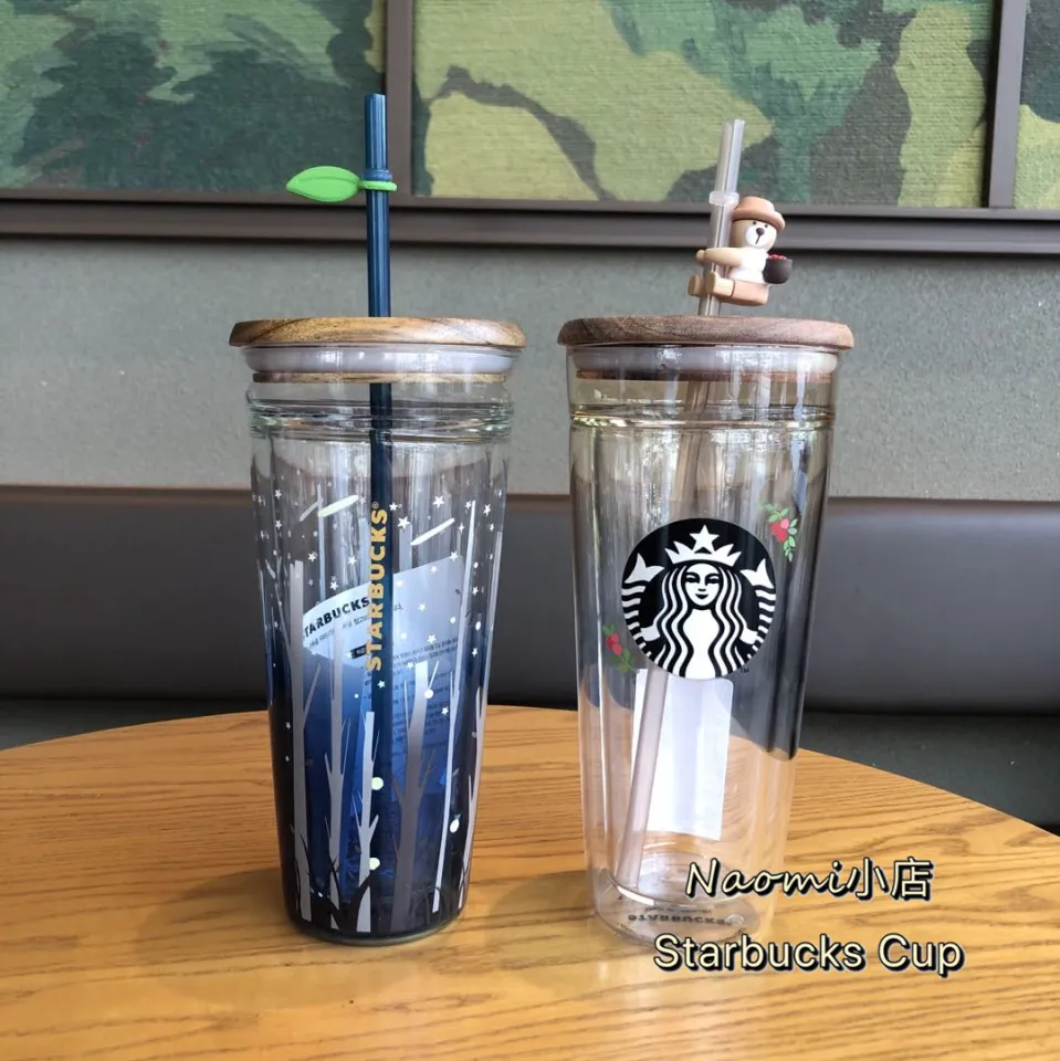 Japanese style Starbucks sakura Wooden Tumblers cover glass Straw cup 591ML  Cherry blossom Double layer coffee