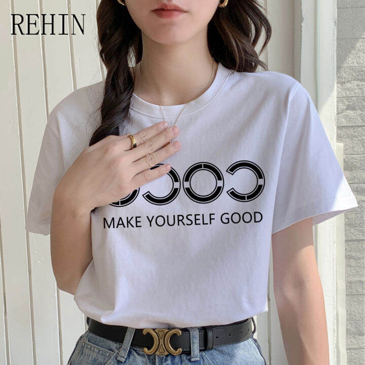 rehin-เสื้อยืดแขนสั้นสำหรับผู้หญิง-เสื้อแฟชั่นสไตล์เกาหลีแบบใหม่คอกลมพิมพ์ลายตัวอักษรเสื้อยืดทรงหลวมเรียบง่ายลำลองอเนกประสงค์สำหรับฤดูร้อน