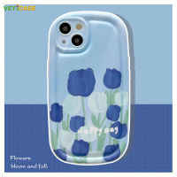 Happy Day Tulip ฝาครอบเลนส์เคสโทรศัพท์พร้อมสร้อยข้อมือสำหรับ Apple iPhone 14 13 12 11 X XS Pro Max Plus XR Soft ซิลิโคน Anti-Drop ป้องกันฝาหลังโทรศัพท์มือถือกรณีสีขาวสีฟ้า