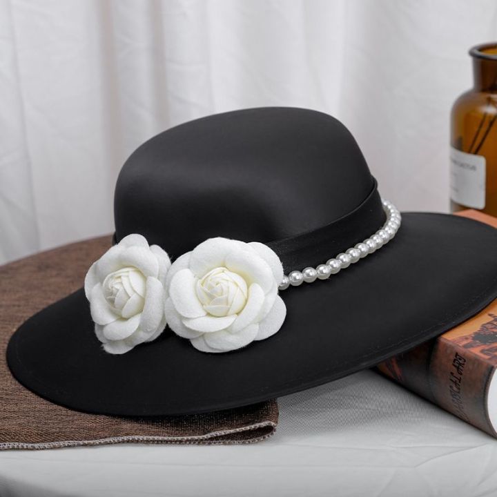 หมวกหมวกปีกหมวกสีดำขนาดใหญ่สไตล์ฝรั่งเศสสำหรับเจ้าสาวแบบใหม่หมวกสไตล์อังกฤษสีดำแบบหรูหรา-audrey-hepburn