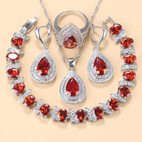 AAA+ Red Garnet Indian Bridal Jewelry Sets Water Drop Shape Earrings Necklace Pendant Bracelet Ring For Women Wedding Costume