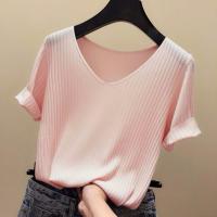 8 Colors Plus Size Short Sleeve Ice Silk Knitted T-Shirts V-Neck Women Tops